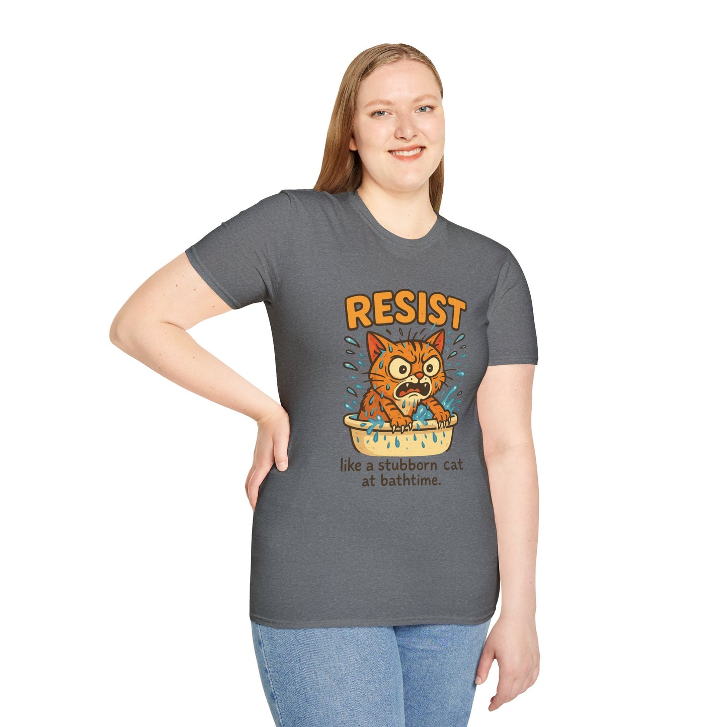 Resist Like A Stubborn Cat At Bathtime Funny Cat Lover Graphic Tee - Quirky Self Care Shirt - Gift For Pet Moms, Dads and Humor Fans