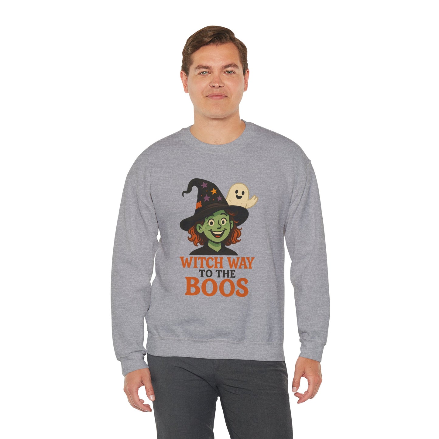 Witch Way To The Boos Sweatshirt, Funny Witch Halloween Crewneck, Witchy Ghost Sweatshirt, Spooky Season Graphic Pullover, Lighthearted Halloween Wear