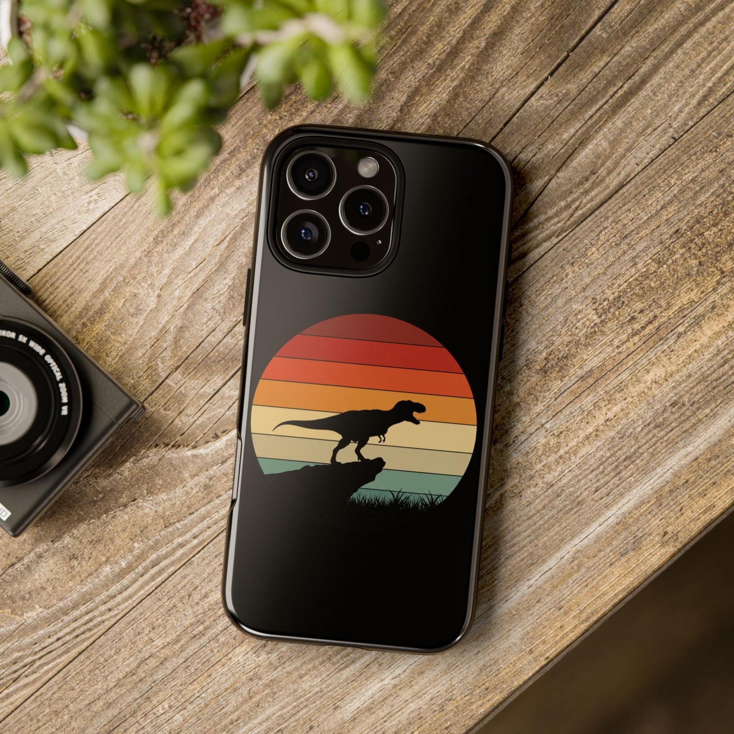 Retro Sunset Dinosaur iPhone Case | T‑Rex Silhouette Vintage Phone Cover for iPhone 14/15/16 Pro | Aesthetic Dinosaur Gift