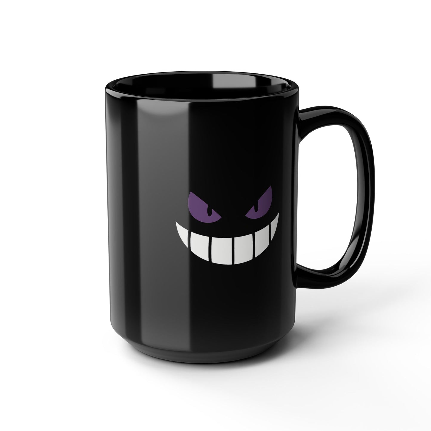 Mischievous Purple Eyes Mug - Black Coffee Cup with Spooky Grin - Cute Yet Creepy Gift for Gamers, Anime Fans, and Coffee Lovers