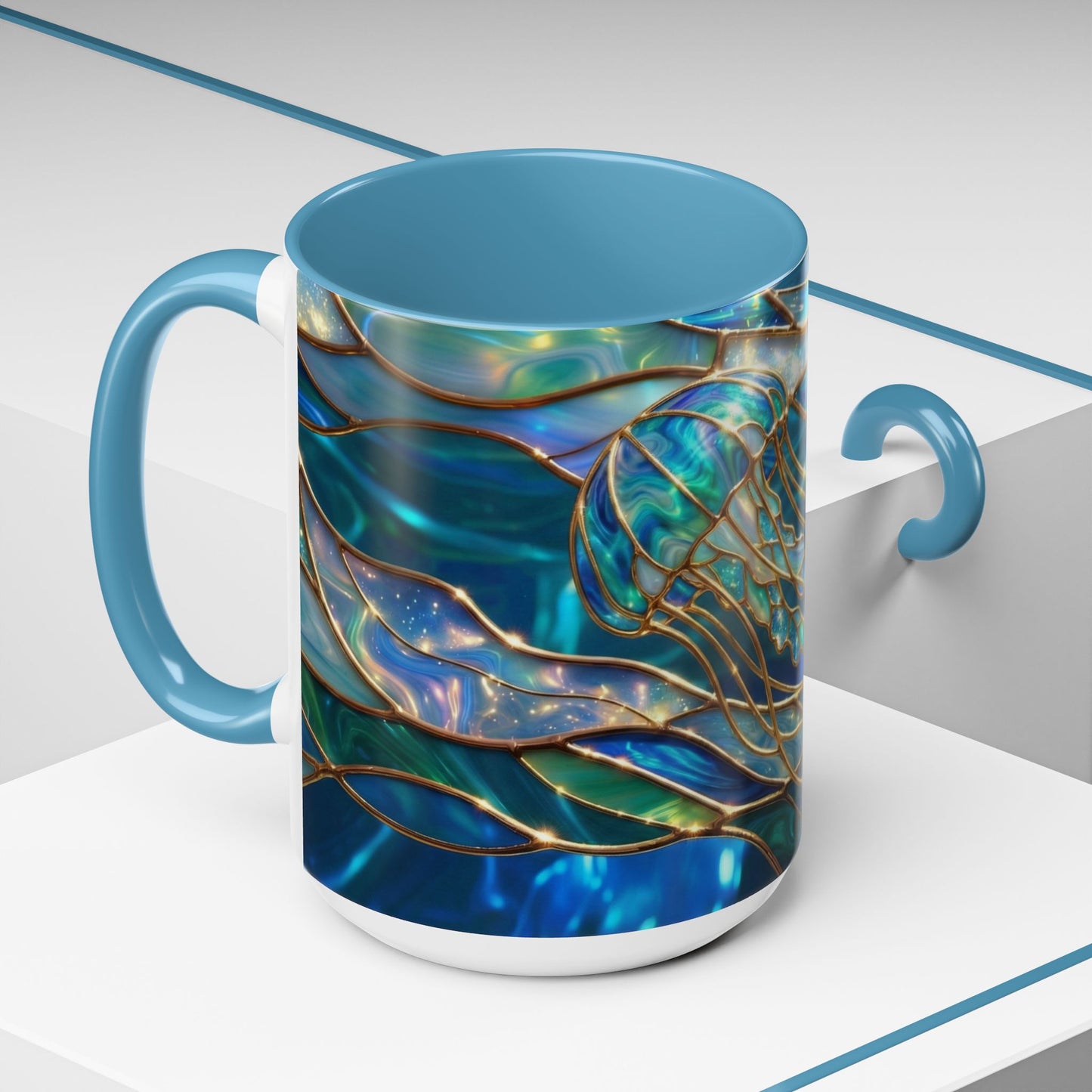 Stained Glass Jellyfish Mug, Ocean Art Coffee Cup, Nautical Sea Life Mug, Blue Teal Gold Glass Style Mug, Gift For Ocean Lovers Decor