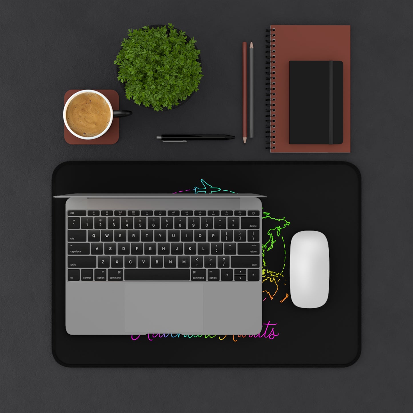 Adventure Awaits Neon Desk Mat - Y2K Rainbow World Map and Airplane XL Mouse Pad for Travel Aesthetic Office, Gaming & Study Desk