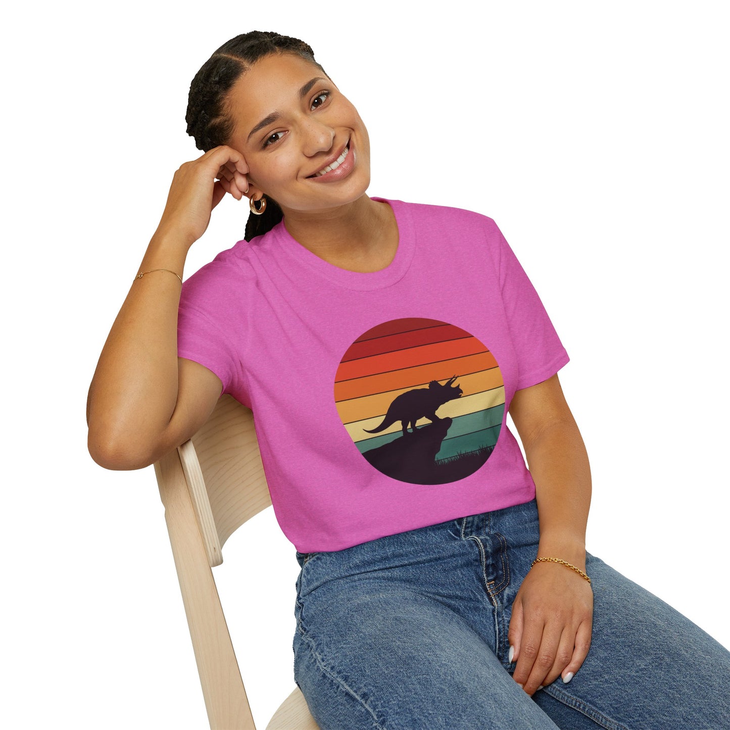 Retro Triceratops Sunset T-Shirt - Vintage Dino Graphic Tee - Unisex Softstyle Dinosaur Shirt - Nature and Prehistoric Lover Gift