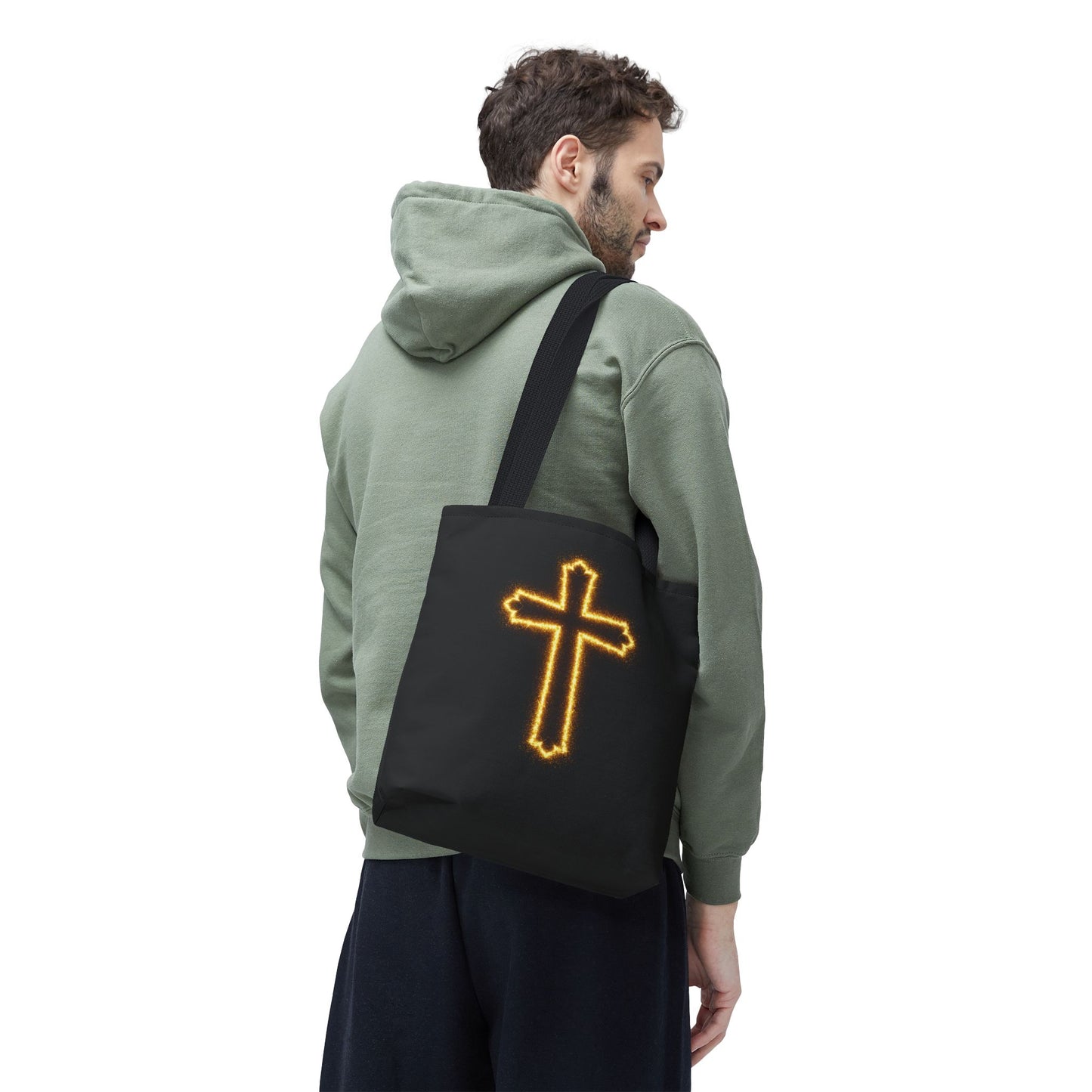 Christian Cross Tote Bag | Glowing Light Faith Bag | Inspirational Religious Gift | Black Canvas Tote | Spiritual Reusable Shopper