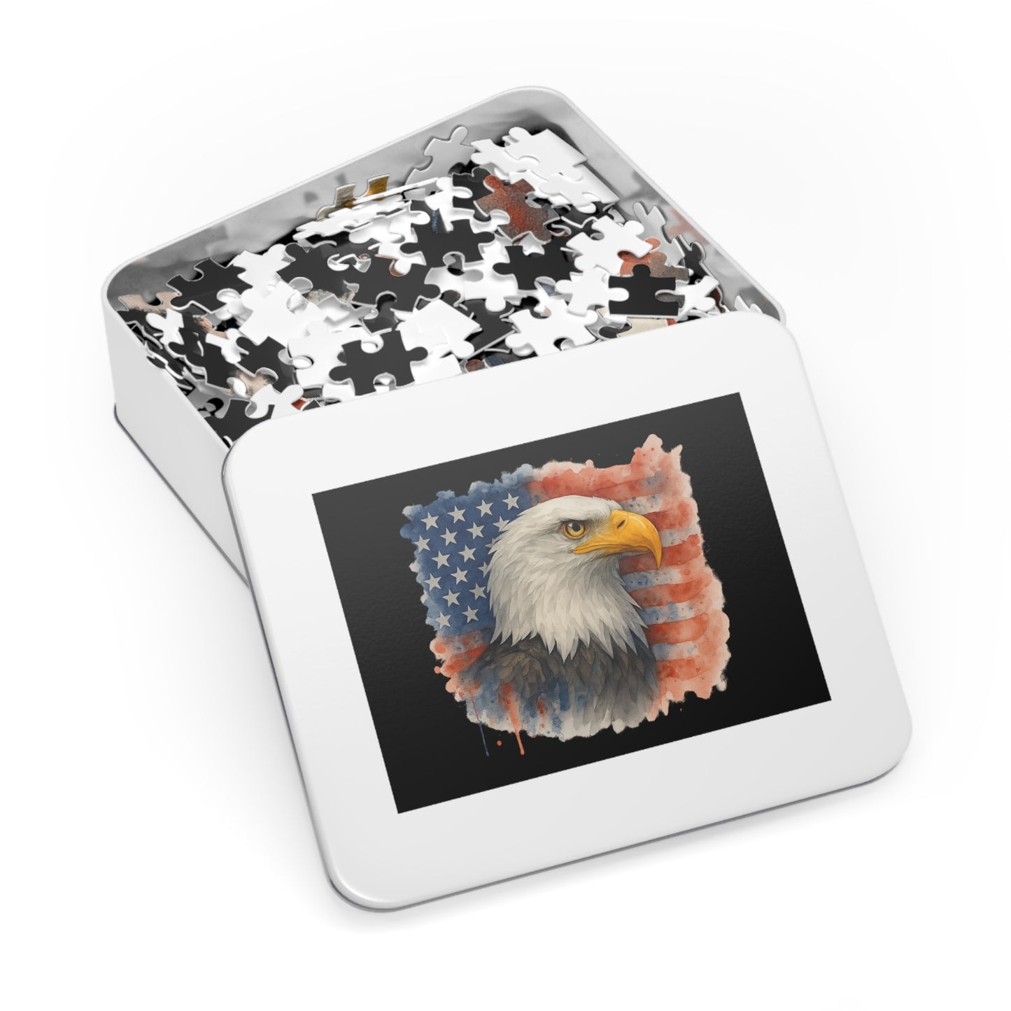 Eagle American Flag Jigsaw Puzzle with Tin Memorial Day Puzzle 4th of July Game Veteran's Day Jigsaw