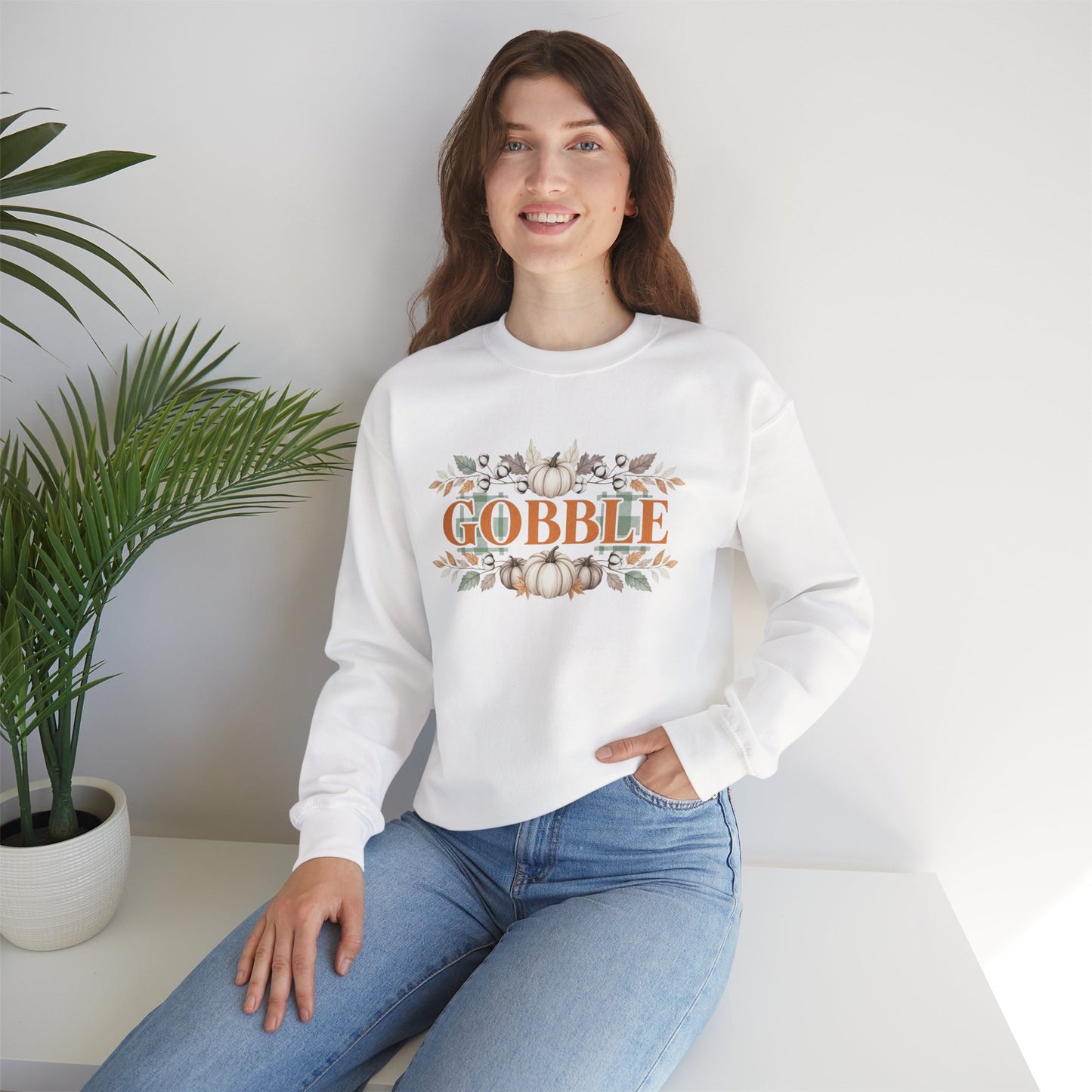 Gobble Thanksgiving Sweatshirt, Neutral Fall Pumpkin Crewneck, Autumn Cotton Stems Leaves Pullover, Cozy Rustic Thanksgiving Top
