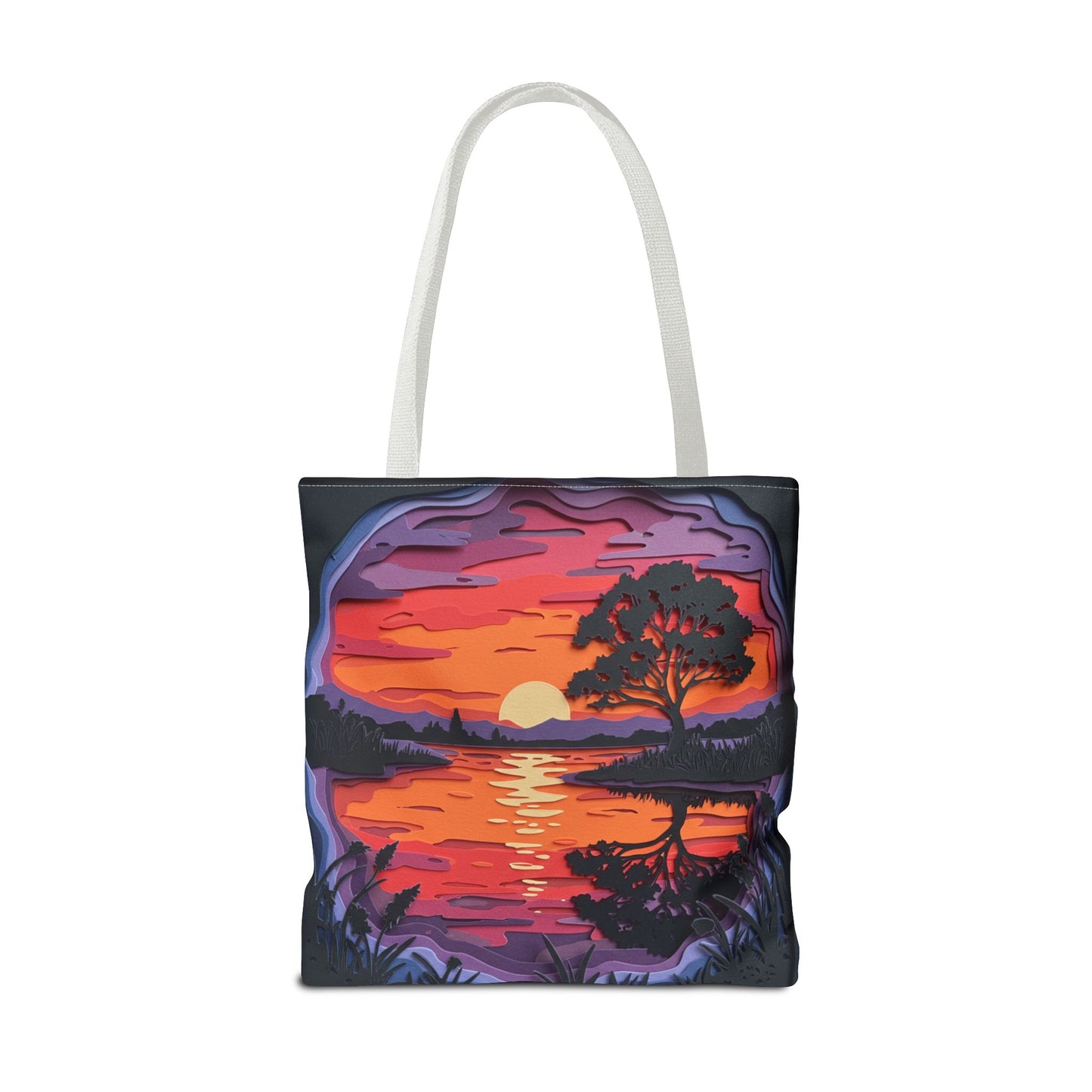 Sunset Landscape Canvas Tote Bag – Paper‑Art Inspired Nature Scene Tote – Colorful Sunset Market Tote, Eco Reusable Beach Bag, Vibrant Gift for Her