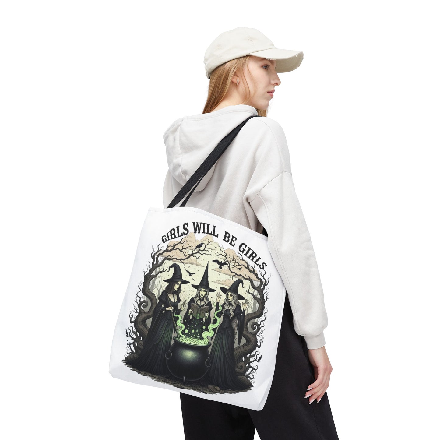 Girls Will Be Girls Halloween Tote Bag, Witchy Aesthetic Bag, Gothic Witches Cauldron Art, Spooky Gift, Reusable Eco Tote For Halloween Lovers