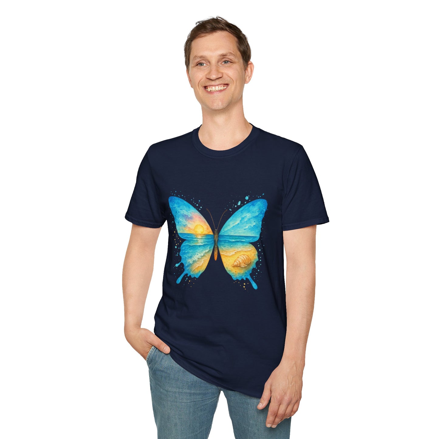Butterfly Sunset Beach Tee - Scenic Butterfly Graphic Shirt, Nature Lover Gift, Boho Ocean Tee, Unisex Casual T-Shirt