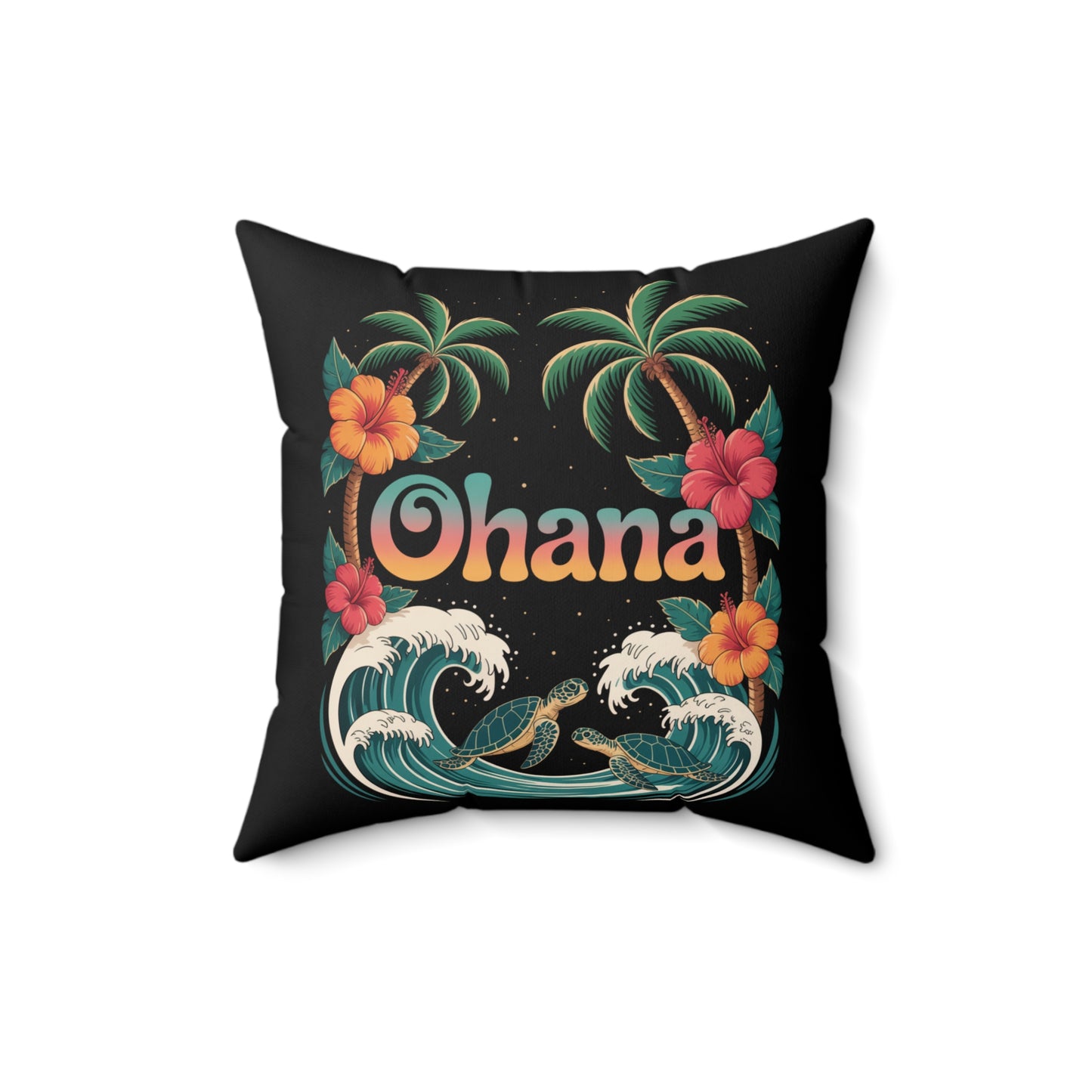 Ohana Pillow Hawaiian Decor | Tropical Throw Pillow with Turtles, Palm Trees & Flowers | Beach Vibes Home Gift Idea