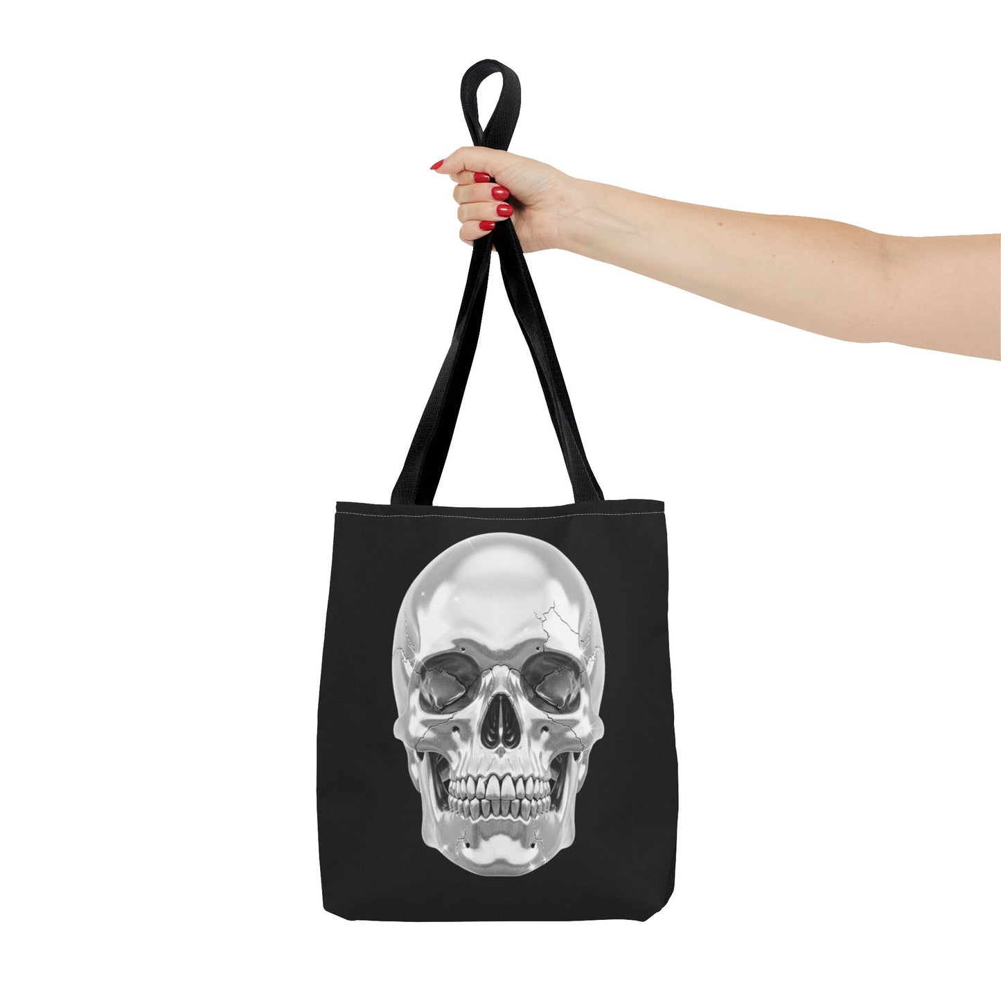Chrome Skull Tote Bag, Gothic Halloween Canvas Tote, Metallic Skull Design Bag, Spooky Season Accessory, Skull Gift Tote For Horror Fans