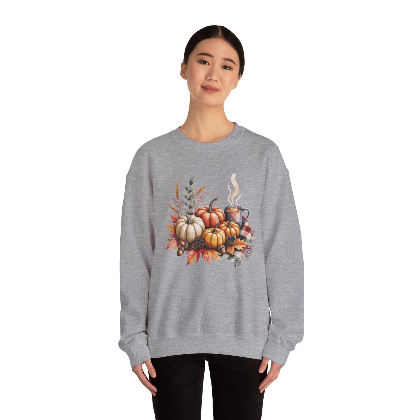 Fall Pumpkin Sweatshirt, Cozy Autumn Crewneck, Thanksgiving Sweater With Pumpkins And Coffee, Fall Leaves Pullover, Seasonal Gift