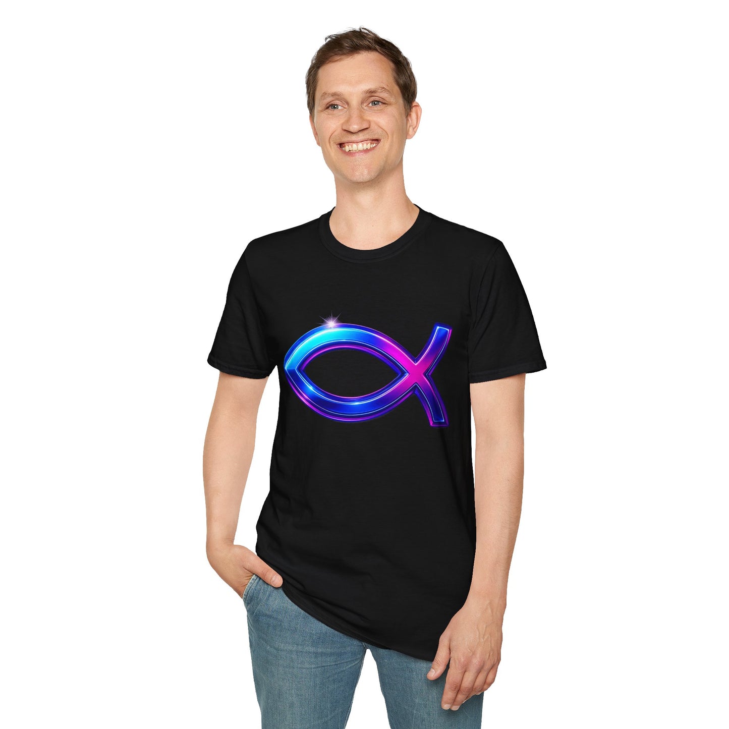 Neon Christian Fish T-Shirt, Modern Faith Tee, Ichthys Jesus Shirt, Spiritual Gift For Men And Women, Glow Cross Symbol Graphic Tee