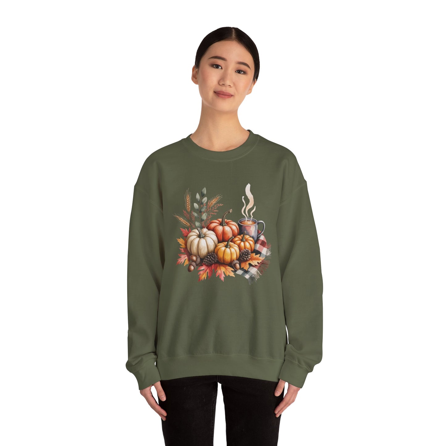 Fall Pumpkin Sweatshirt, Cozy Autumn Crewneck, Thanksgiving Sweater With Pumpkins And Coffee, Fall Leaves Pullover, Seasonal Gift
