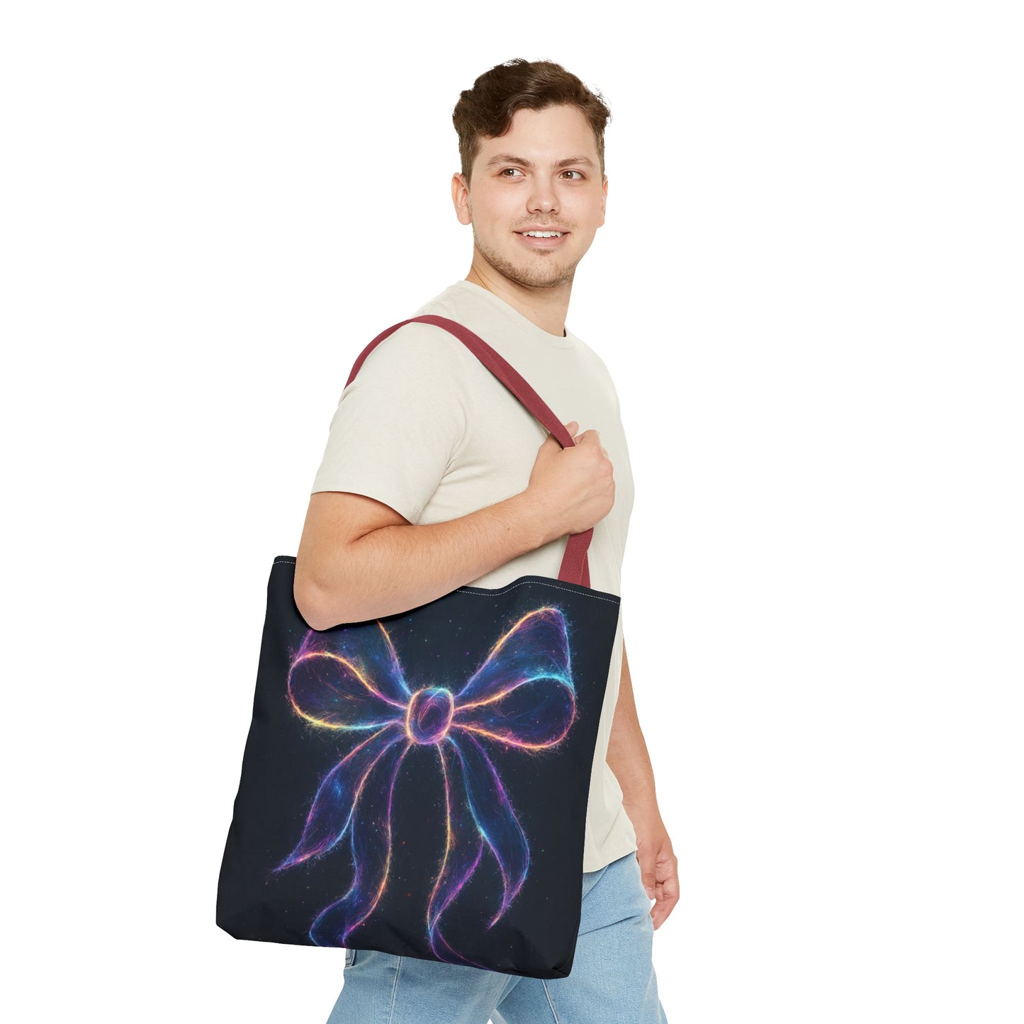 Galaxy Glow Bow Tote Bag, Cosmic Neon Ribbon Design, Black Space Art Bag, Celestial Gift For Her, Stylish Reusable Everyday Tote
