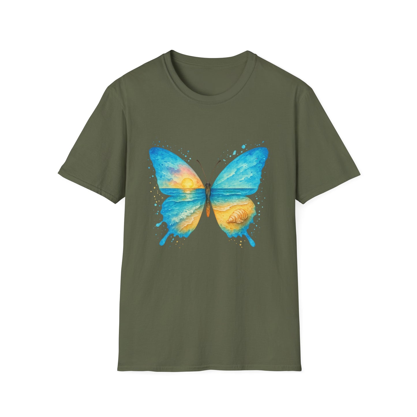 Butterfly Sunset Beach Tee - Scenic Butterfly Graphic Shirt, Nature Lover Gift, Boho Ocean Tee, Unisex Casual T-Shirt