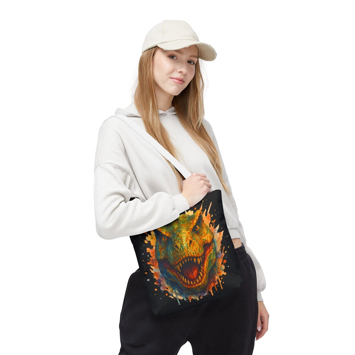 T-Rex Watercolor Tote Bag - 100% Polyester Canvas, Vibrant Dinosaur Art Bag, Reusable Beach-Market Tote, Dino Lover Gift, Bold Style