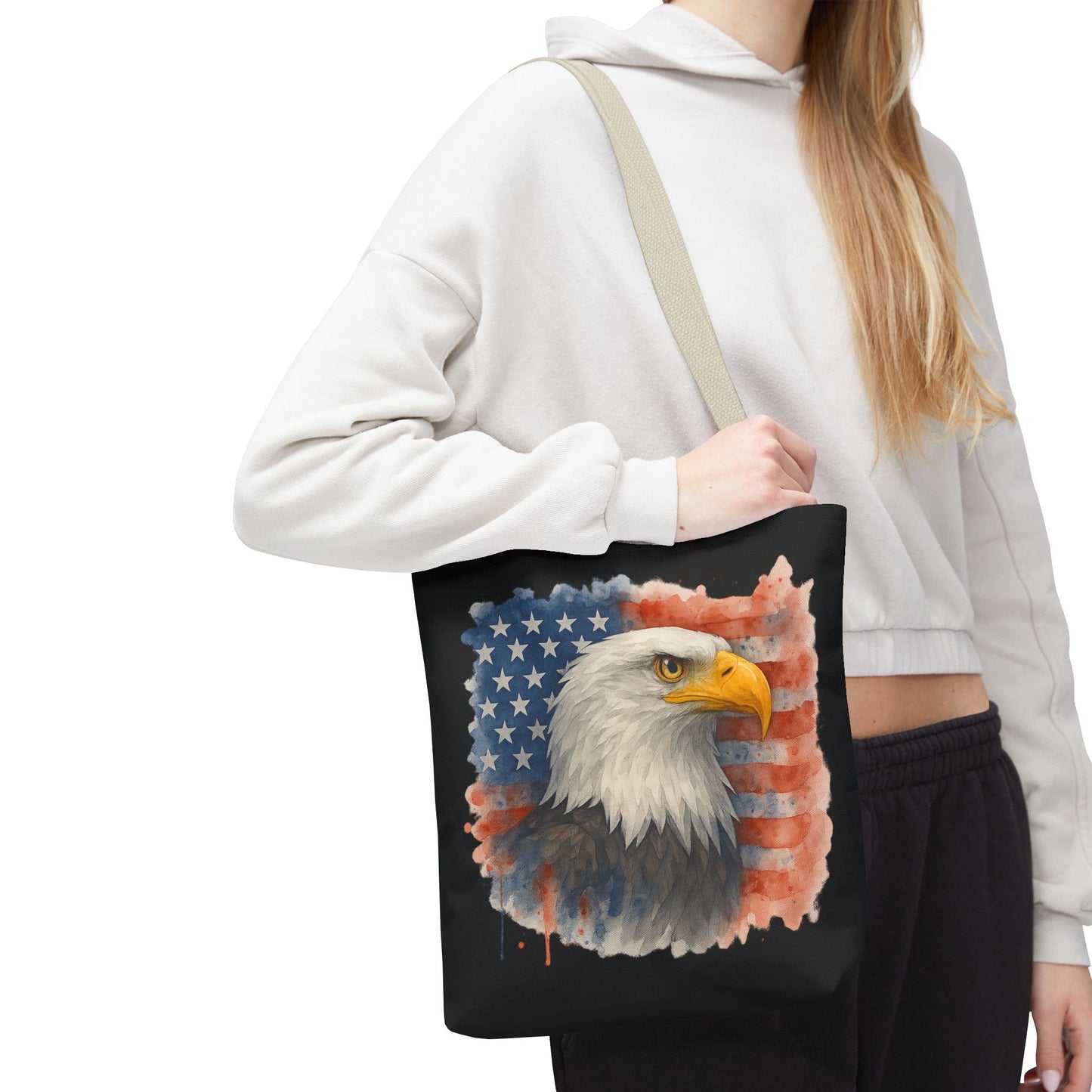 Patriotic Tote Bag with American Flag and Bald Eagle Watercolor Print 4th of July Bag Memorial Day Tote Veteran's Day Tote Bag