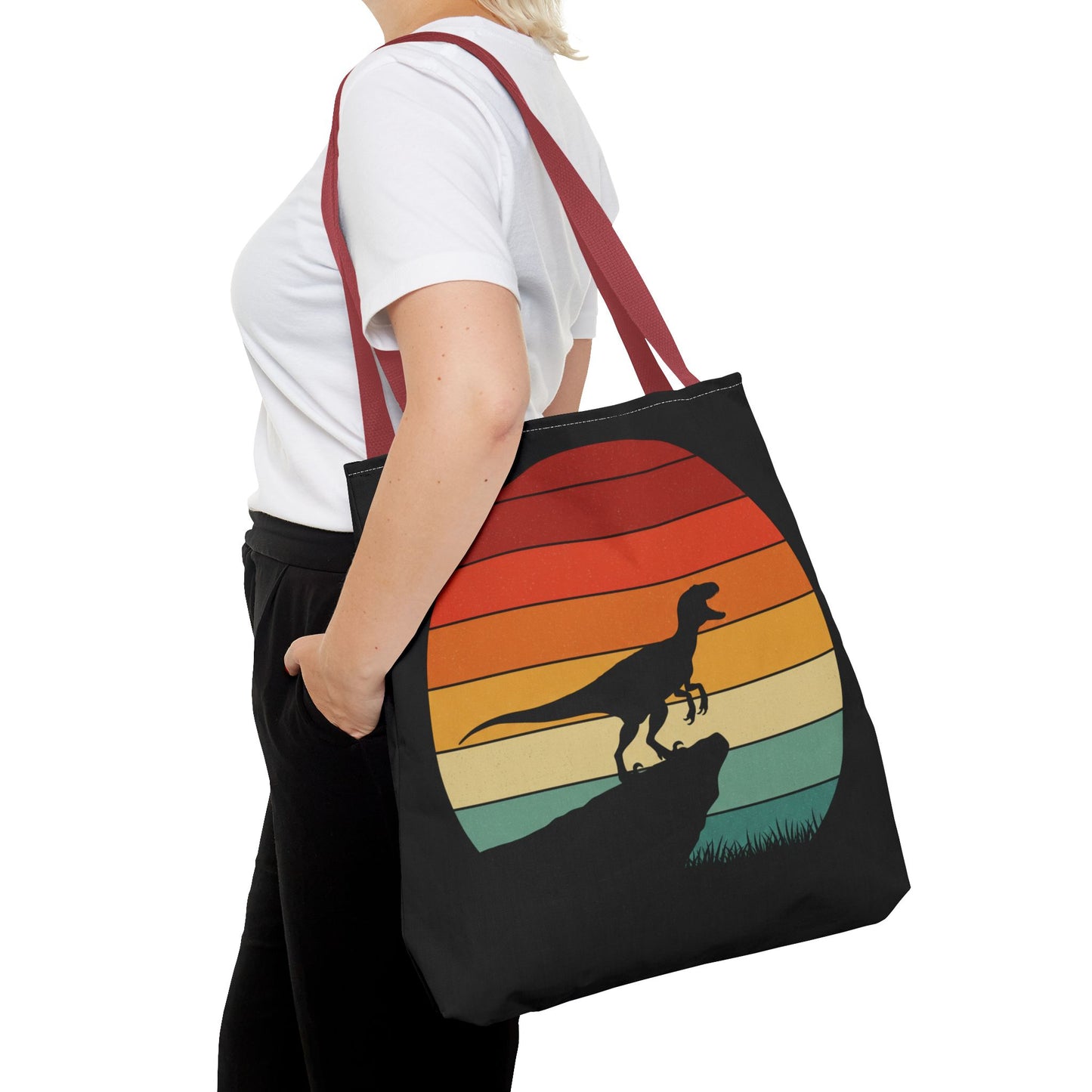 Retro Dino Sunset Tote Bag - Eco Canvas Dinosaur Beach Bag | Sustainable and Stylish Camping, Dino Lover Gift, Reusable Market Tote
