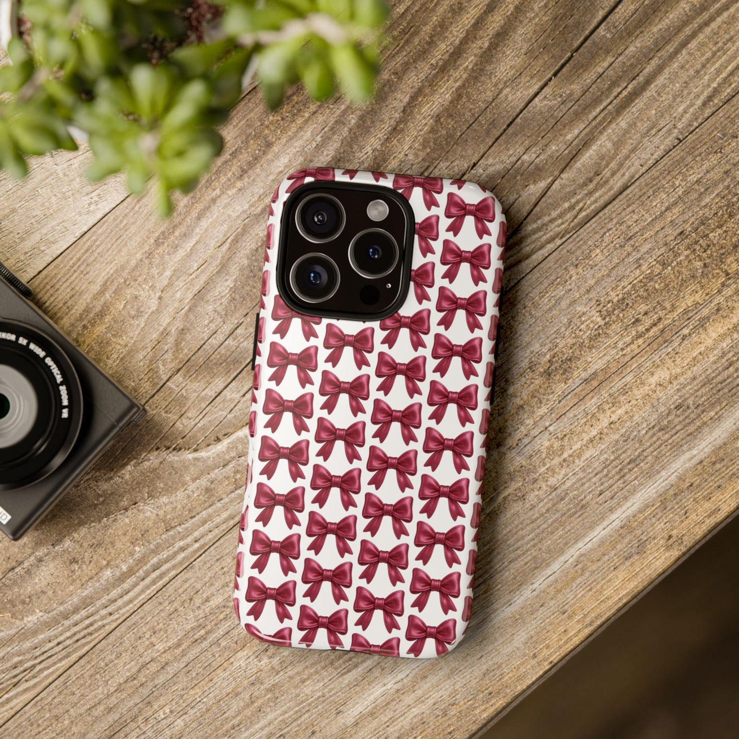 Coquette Bow iPhone Case - Burgundy Ribbon Pattern Phone Cover, Girly Aesthetic Accessory, Cute Gift for Her