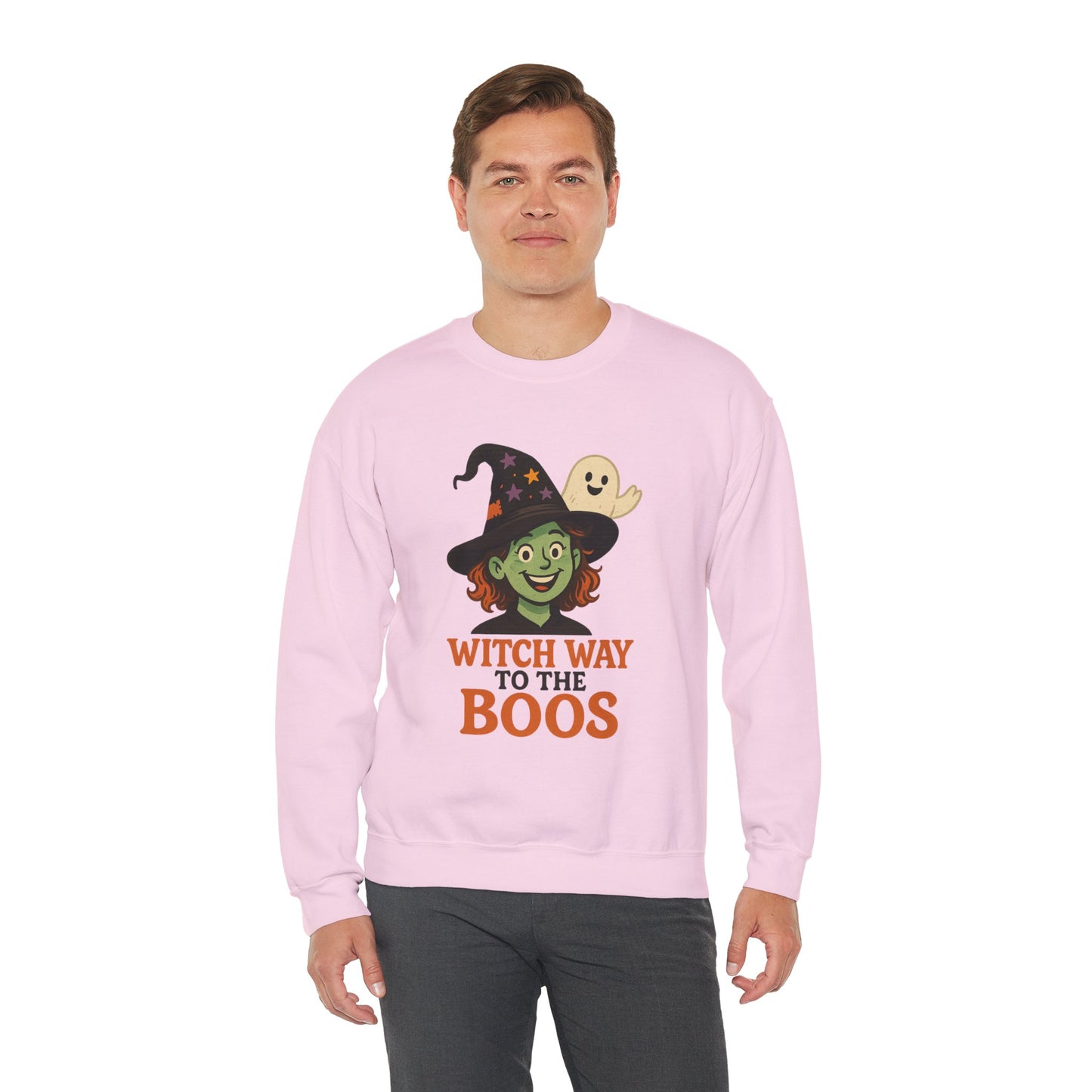 Witch Way To The Boos Sweatshirt, Funny Witch Halloween Crewneck, Witchy Ghost Sweatshirt, Spooky Season Graphic Pullover, Lighthearted Halloween Wear