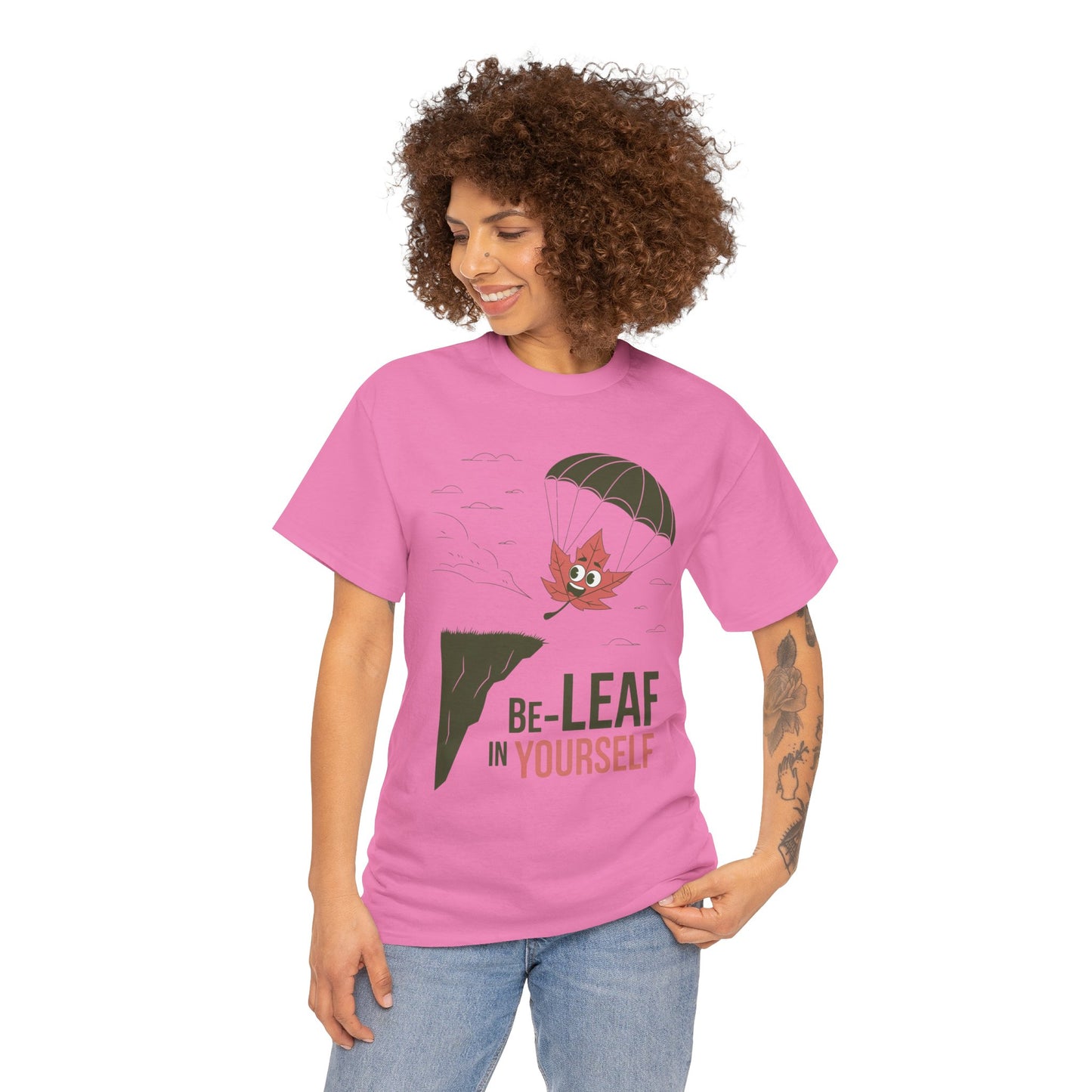 Be-Leaf In Yourself Maple Leaf Parachute T-Shirt | Funny Motivational Nature Graphic Tee | Self-Love Fall Autumn Shirt | Outdoorsy Gift