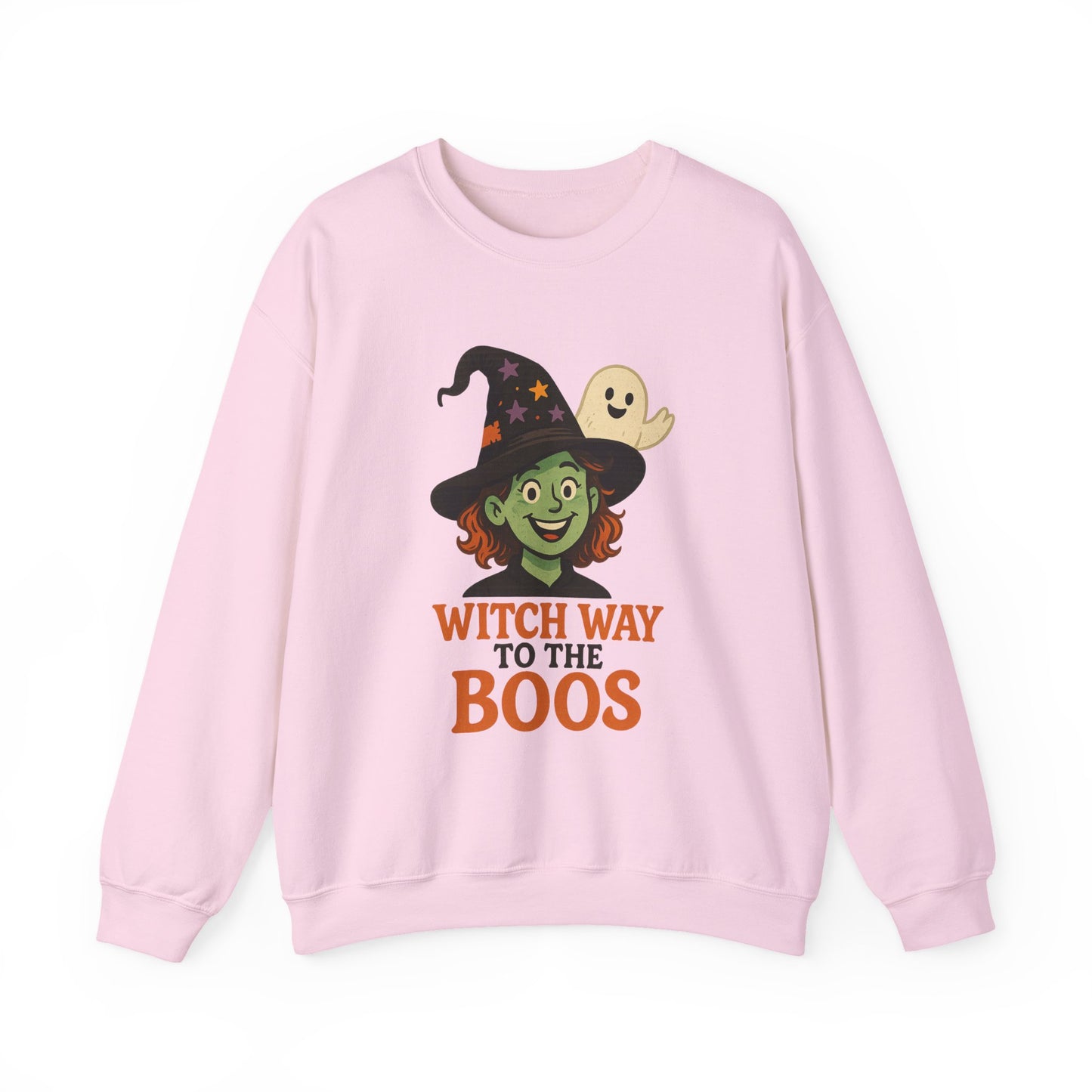 Witch Way To The Boos Sweatshirt, Funny Witch Halloween Crewneck, Witchy Ghost Sweatshirt, Spooky Season Graphic Pullover, Lighthearted Halloween Wear