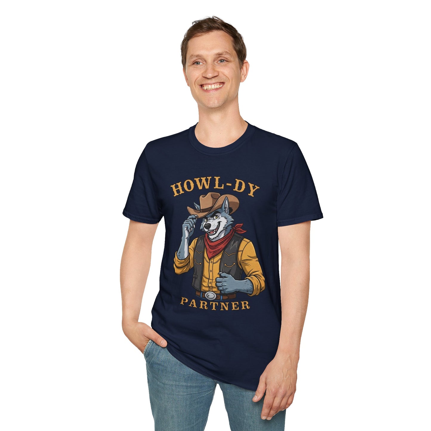 Howl-dy Partner Wolf Cowboy T-Shirt | Western Howling Wolf Graphic Tee, Funny Animal Shirt, Cowboy Gifts, Rustic Country Tee