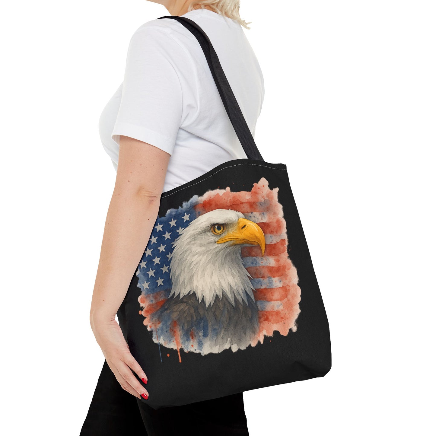 Patriotic Tote Bag with American Flag and Bald Eagle Watercolor Print 4th of July Bag Memorial Day Tote Veteran's Day Tote Bag