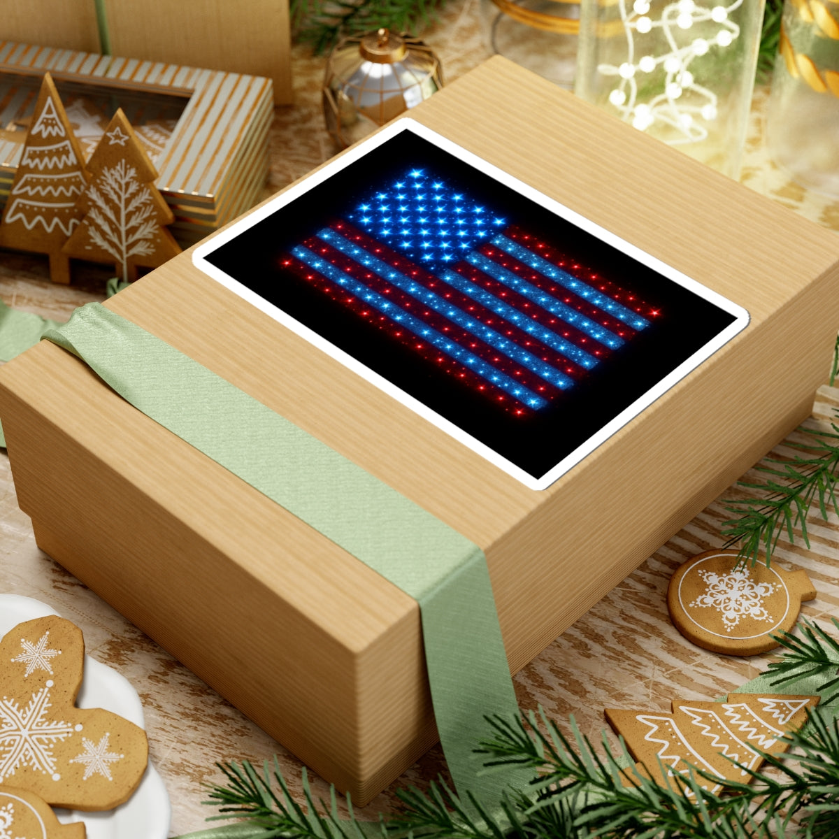 Bioluminescent USA Flag Sticker - Holographic-Inspired Vinyl Decal, Patriotic Blue and Red Sparkle Art for Laptop, Water Bottle