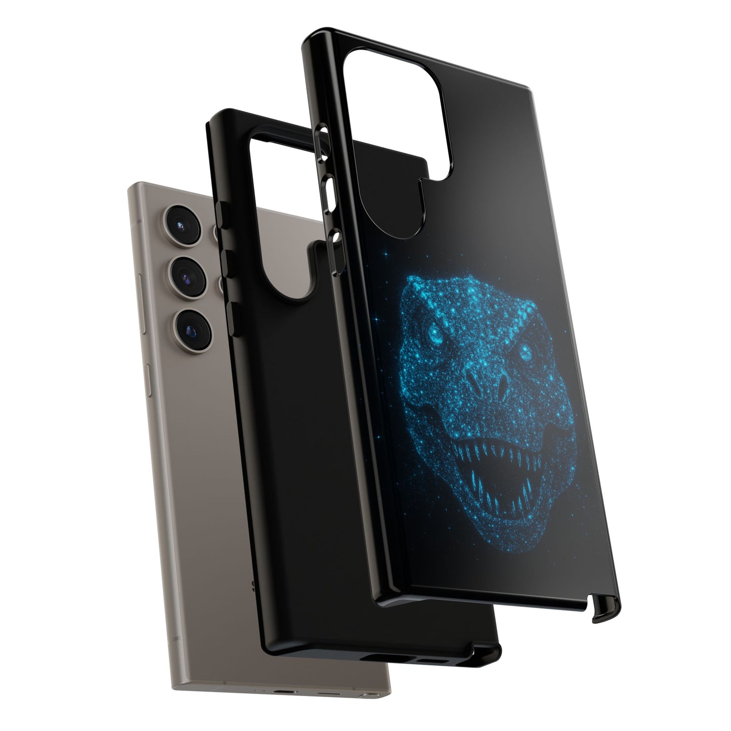 Bioluminescent T-Rex Samsung Case - Galaxy Tough Dual-Layer Cover, Cosmic Dino Particle Design, S25 S24 S23 Gift
