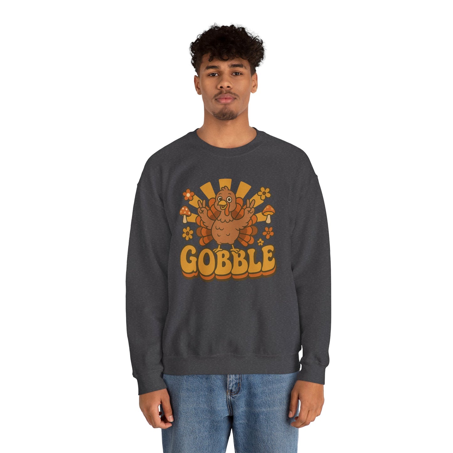 Gobble Turkey Sweatshirt, Retro Fall Turkey Crewneck, Thanksgiving Graphic Pullover, Autumn Mushroom & Flower Design, Cozy Fall Top
