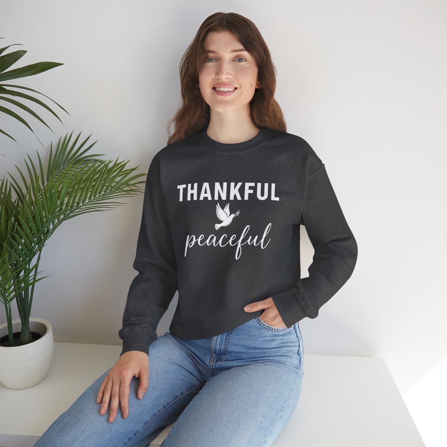 Thankful Peaceful Sweatshirt, Inspirational Quote Crewneck, Positive Message Sweater, Gratitude Gift, Cozy Faith Based Pullover