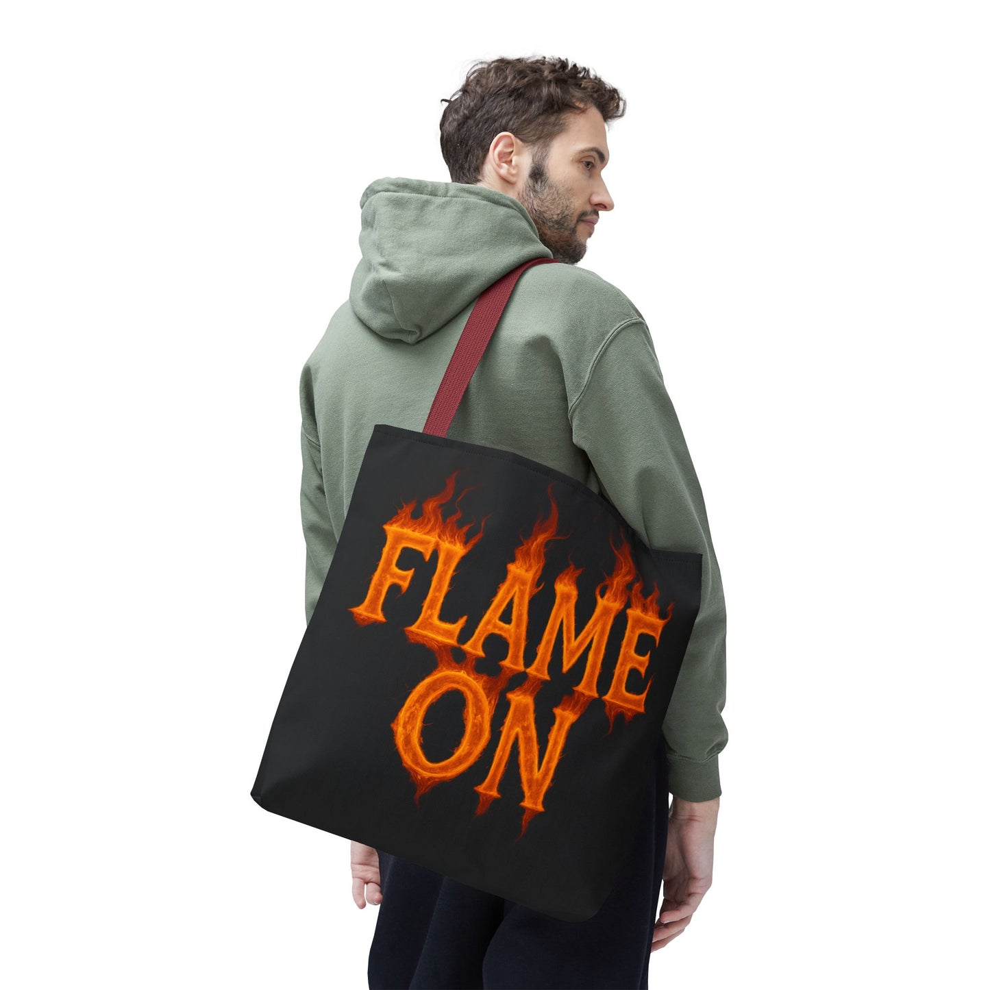 Flame On Tote Bag - Fire Typography Black Bag for Book Lovers, Gym, or Groceries | Bold Comic-Inspired Catchphrase Tote