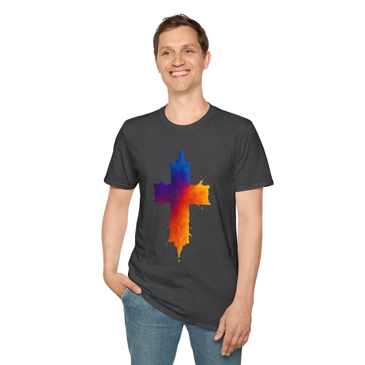 Colorful Abstract Cross T‑Shirt | Bold Grunge Paint Splatter Christian Tee | Unique Vibrant Gift | Inspirational Faith Graphic Shirt