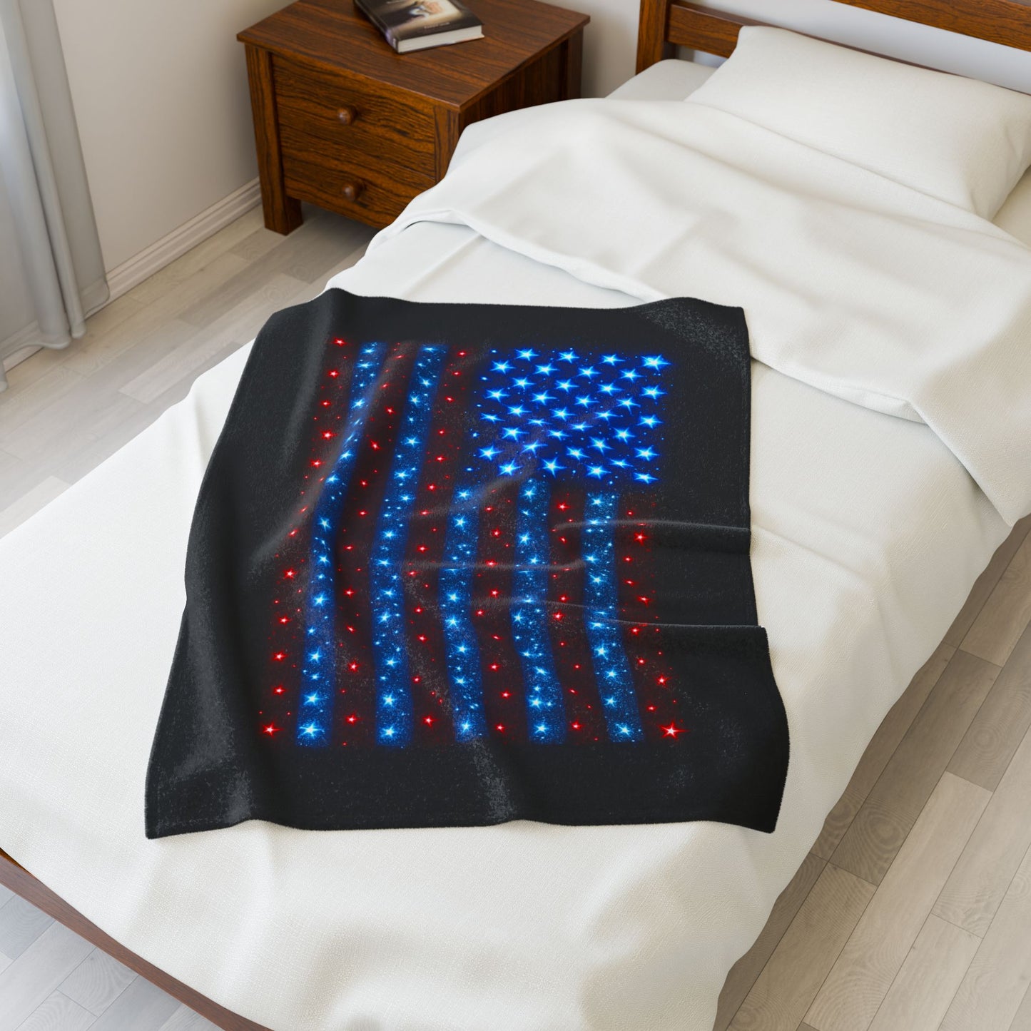 Starry Bioluminescent USA Flag Plush Blanket - Velveteen Patriotic Throw - 4th July Cozy Home Decor - Modern Stars and Stripes Throw