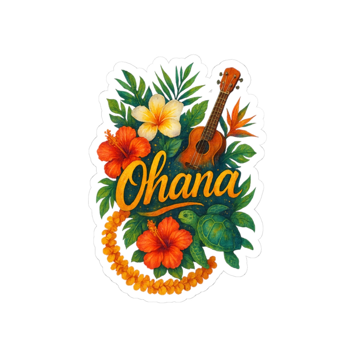 Ohana Hawaiian Sticker - Tropical Flower, Ukulele & Sea Turtle Vinyl Decal - Waterproof Laptop, Water Bottle, Family Gift Idea
