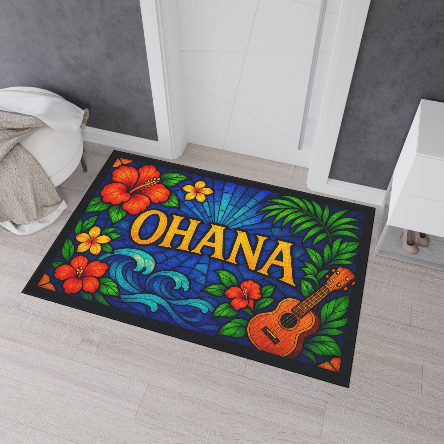 Ohana Welcome Mat - Tropical Hawaiian Rug for Entryway or Kitchen, Family Theme Doormat with Floral Aloha Vibes, Indoor Home Decor
