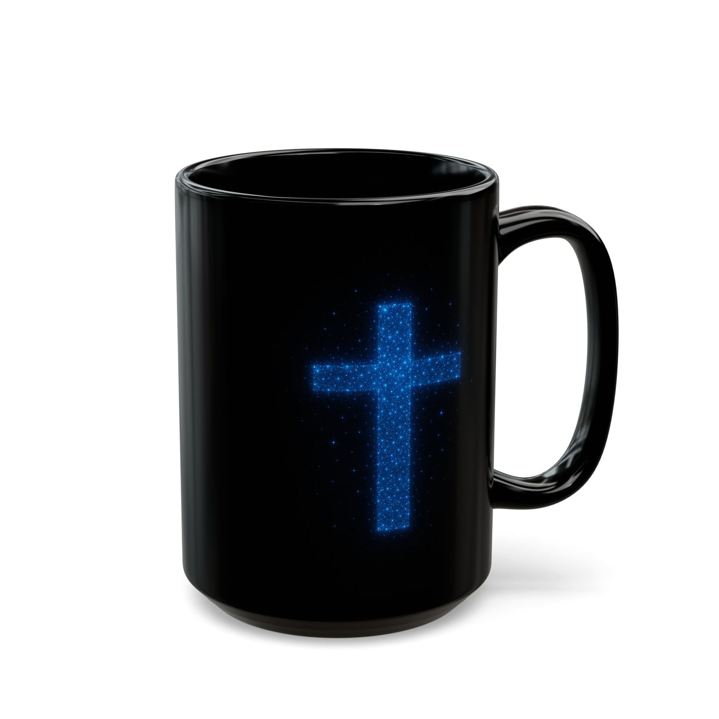 Celestial Cross Mug – Blue Starry Christian Coffee Cup – Faith Based Black Ceramic Mug with Cosmic Cross Design | Religious Gift Idea