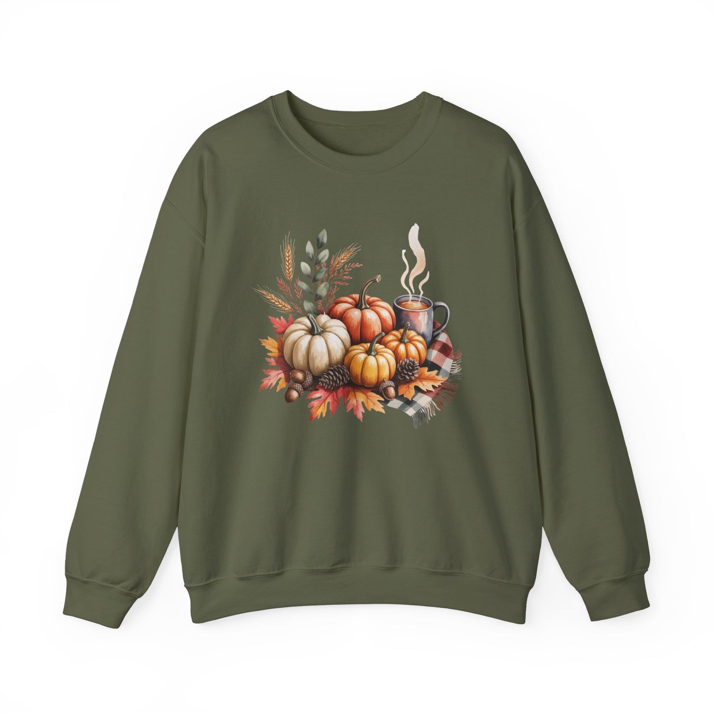 Fall Pumpkin Sweatshirt, Cozy Autumn Crewneck, Thanksgiving Sweater With Pumpkins And Coffee, Fall Leaves Pullover, Seasonal Gift