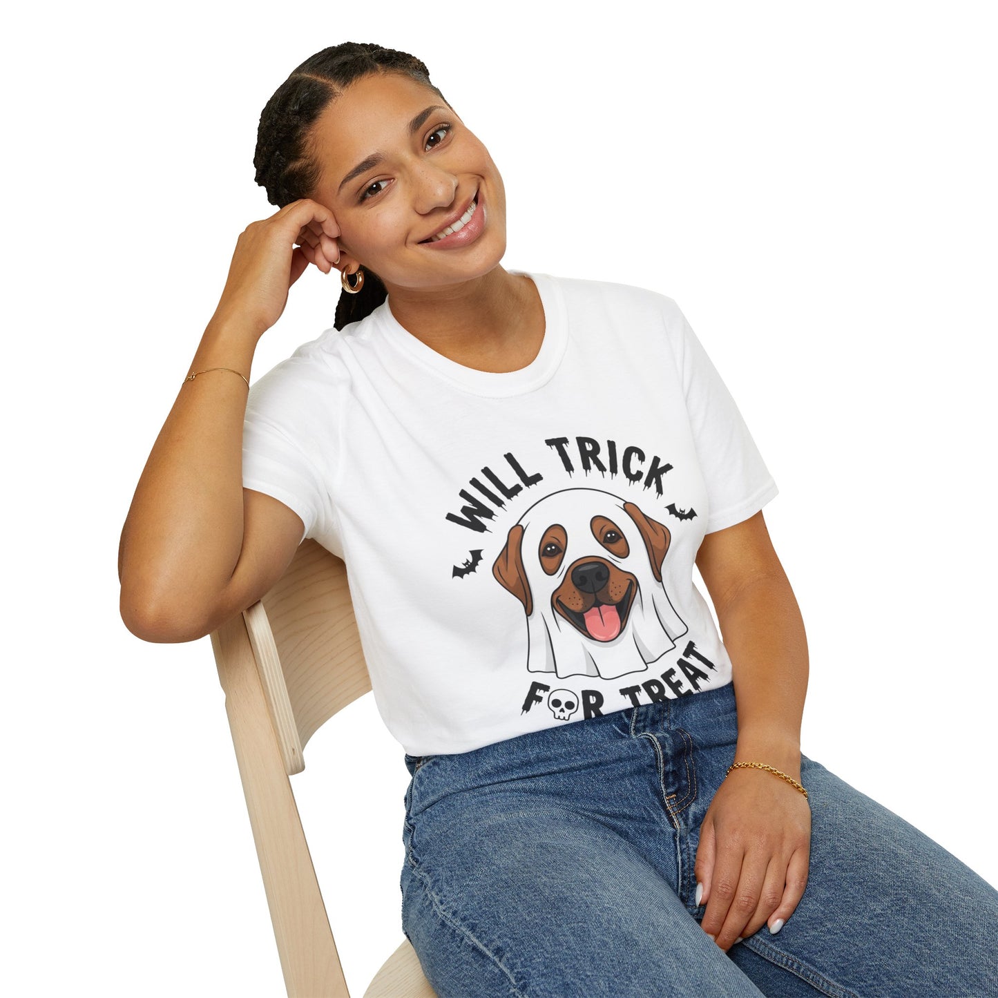 Will Trick for Treat Ghost Dog Halloween T-Shirt | Funny Spooky Dog Tee | Trick or Treat Pup Graphic Tee | Cute Fall Gift for Dog Lovers