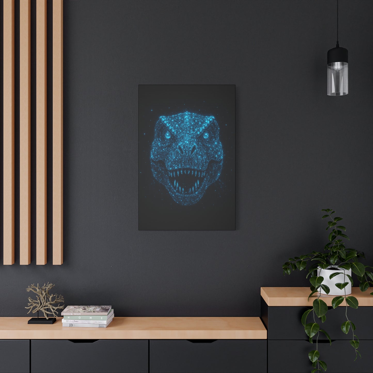 T-Rex Canvas Art - Blue Bioluminescent Particles Dinosaur Wall Decor, Modern Sci-Fi Bedroom Print, Kids and Adult Room Art Gift