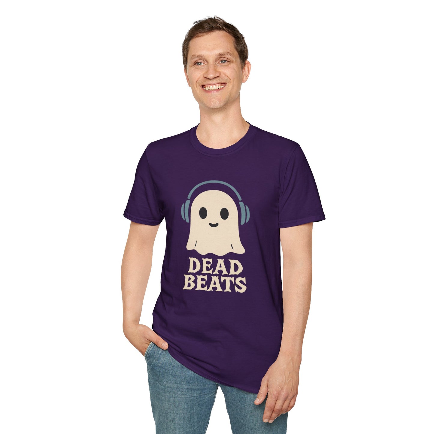 Dead Beats Ghost T-Shirt - Funny Music Halloween Shirt - Cute Ghost with Headphones Tee - Gift for DJs, Musicians and Spooky Season