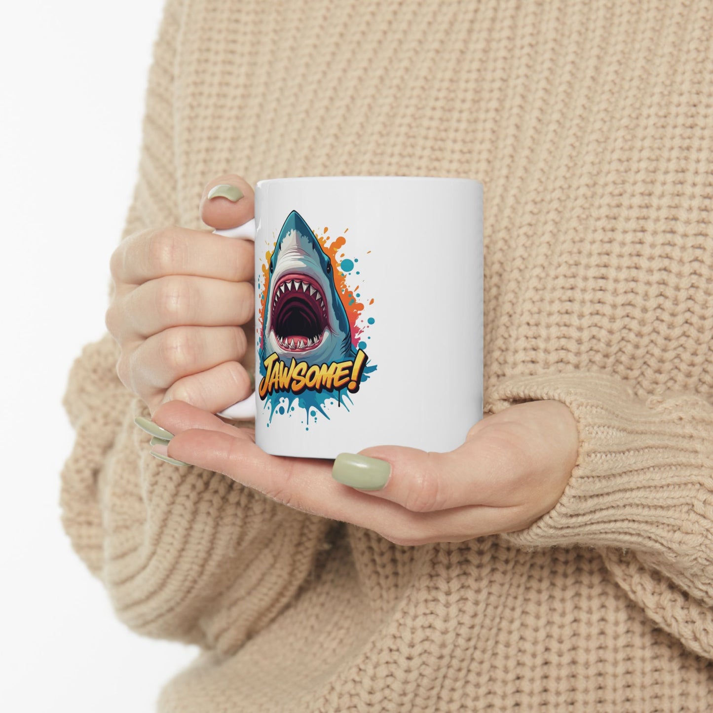 “JAWSOME!” Shark Mug | Funny Shark Coffee Mug | Punny Ocean Lover Gift | Shark Lover Cup | Bold Marine Art Mug | Unique Animal Pun Mug