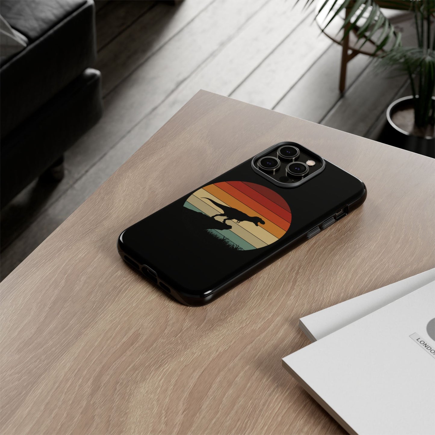 Retro Sunset Dinosaur iPhone Case | T‑Rex Silhouette Vintage Phone Cover for iPhone 14/15/16 Pro | Aesthetic Dinosaur Gift