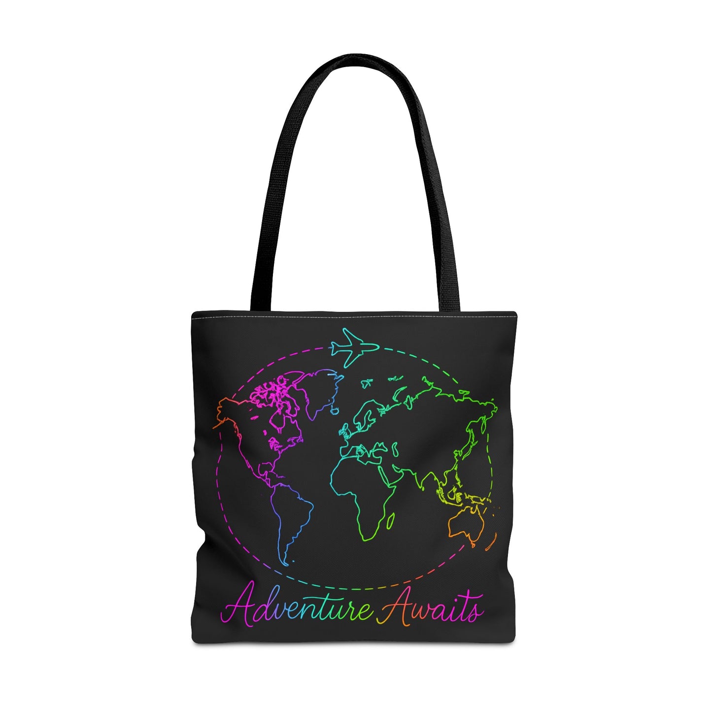 Adventure Awaits Neon Tote Bag - Y2K Rainbow World Map and Plane Travel Tote, Reusable Canvas Tote for Airport, Beach, Market + Gift