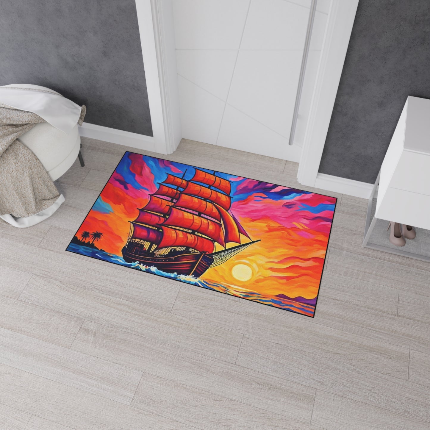Floor Mat - Ship on Ocean at Sunset Painting