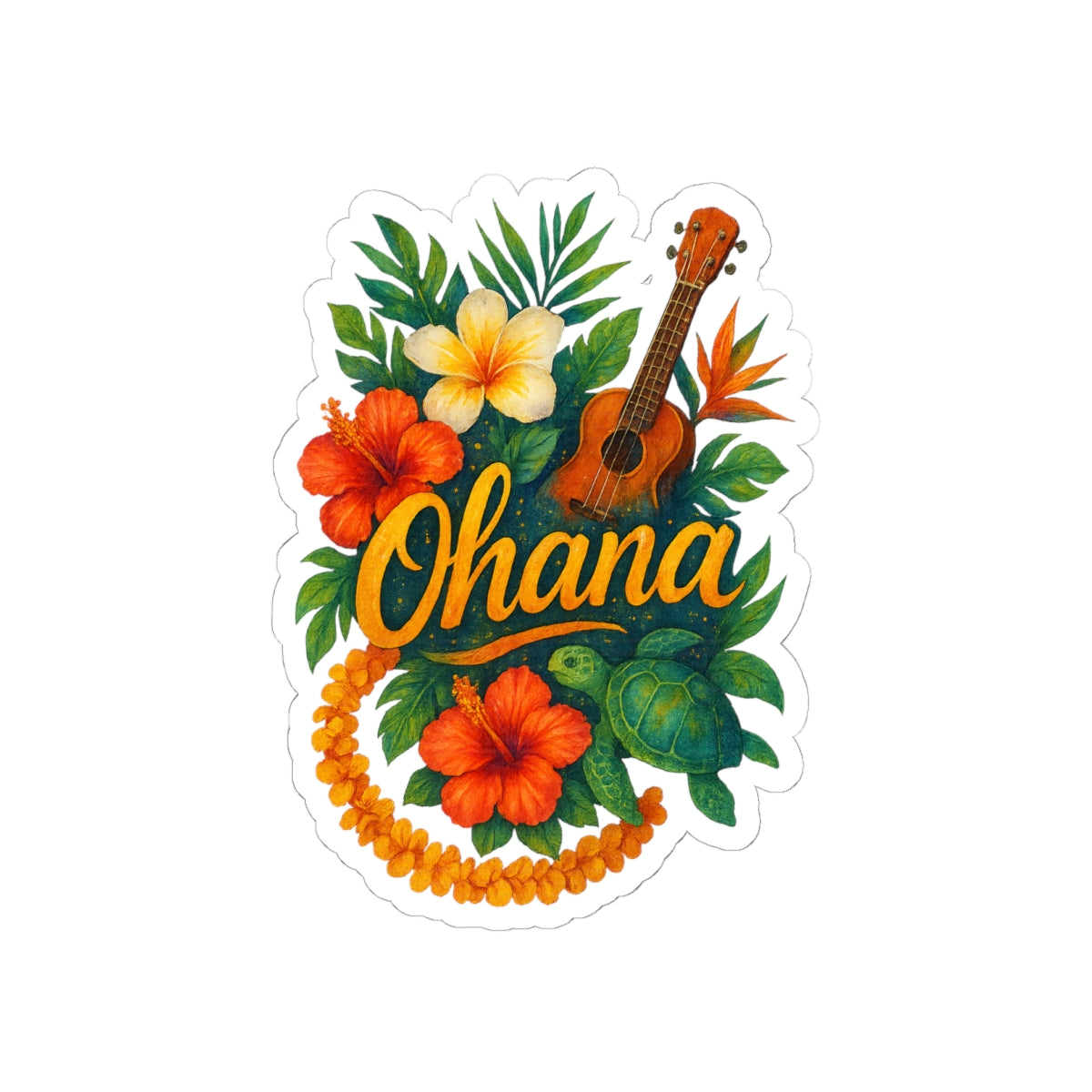 Ohana Hawaiian Sticker - Tropical Flower, Ukulele & Sea Turtle Vinyl Decal - Waterproof Laptop, Water Bottle, Family Gift Idea