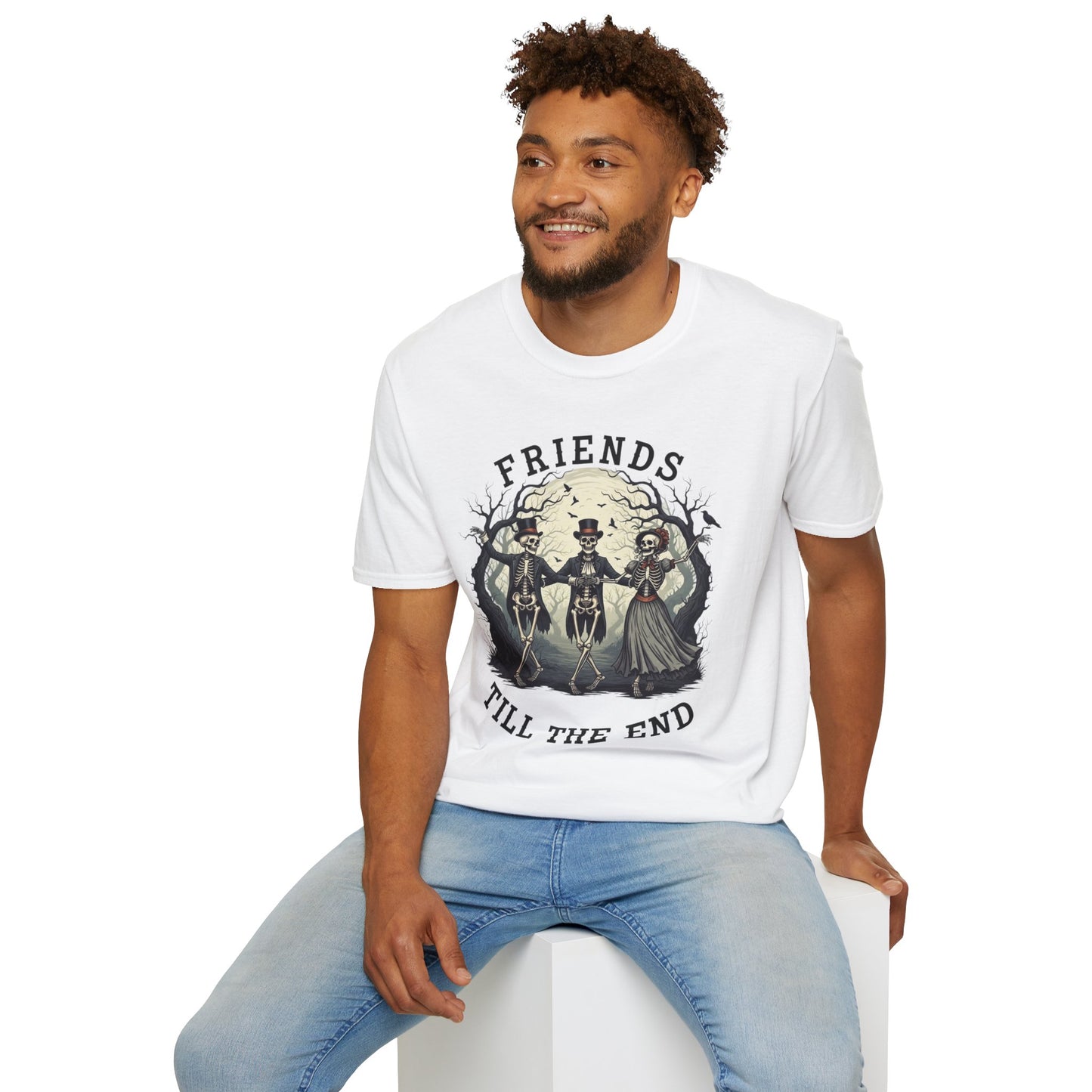 Friends Till The End Skeleton Tee | Dancing Skeleton Friends Shirt | Halloween Gothic BFF Gift | Unisex Heather Grey Graphic T-Shirt
