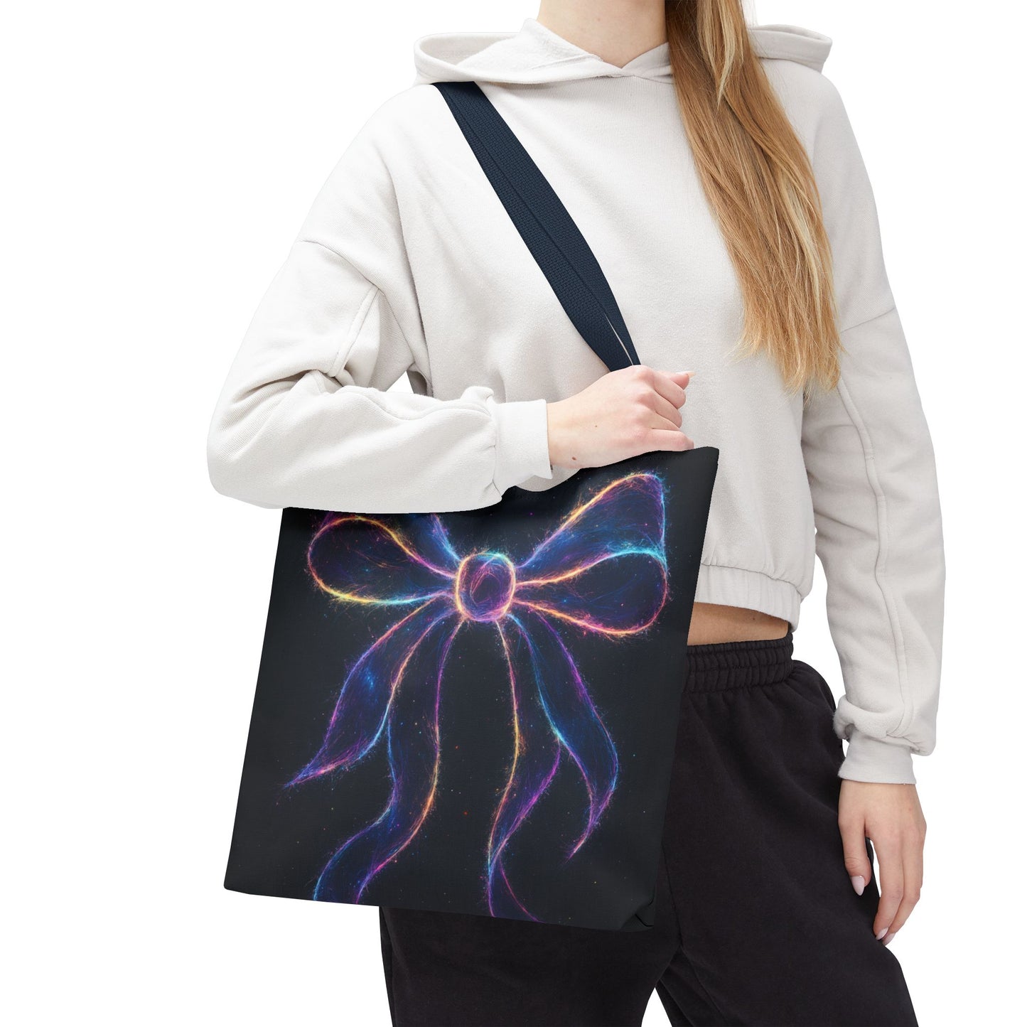 Galaxy Glow Bow Tote Bag, Cosmic Neon Ribbon Design, Black Space Art Bag, Celestial Gift For Her, Stylish Reusable Everyday Tote